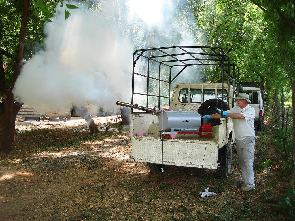 Spraying for mosquitoes with fogger